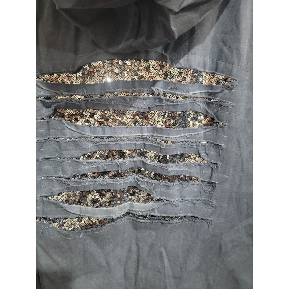 SIRELY'S Couture‎ Italy Blue Shredded Sequin Back Hood Jacket Boho Lagenlook OS